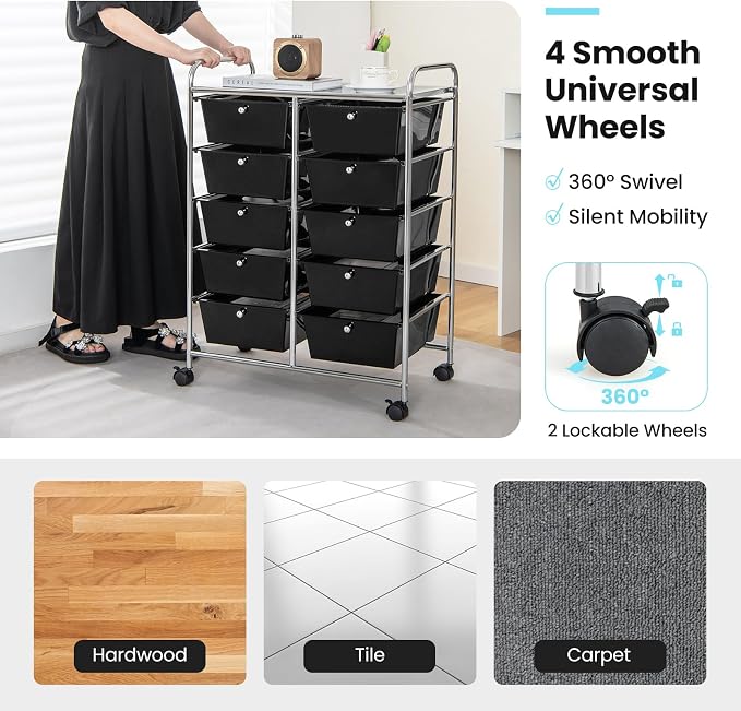 Giantex 10 Drawers Rolling Cart, Classroom Organizers, Storage Cart with Wheels, for Teacher Office Home School Supplies Tool Craft Art Paper, Black - Image 6
