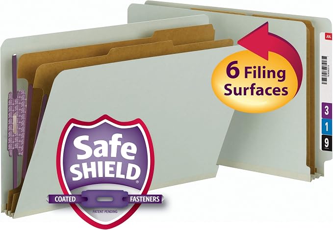 Smead File Folders, End Tab Pressboard Classification, Legal Size, 2 Dividers, 2" Expansion, SafeSHIELD Fasteners, 100% Recycled, Green, 10 per Box, Shelf Filing for Office Records - Image 2