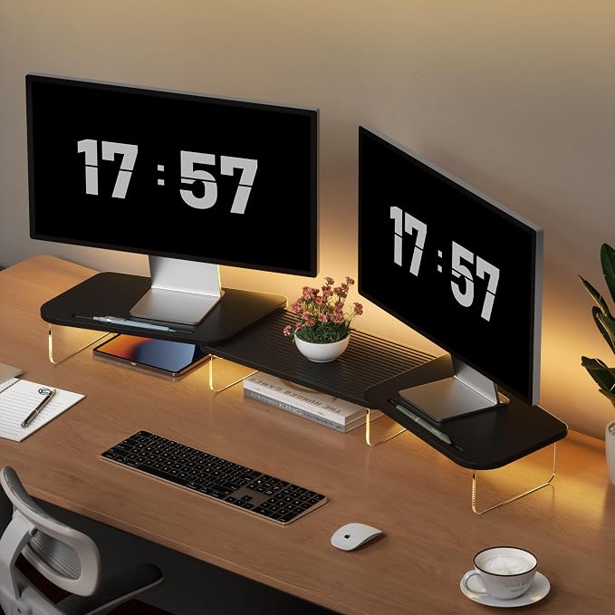 AFOOYO LED Dual Monitor Stand Riser for 2 Monitors,Office Desktop Wooden Stand Adjustable Length and Angle 3 Shelf,Extra Long Multifunctional Stand up to 39.3" for Computer,Laptop,TV,Black by AFOOYO