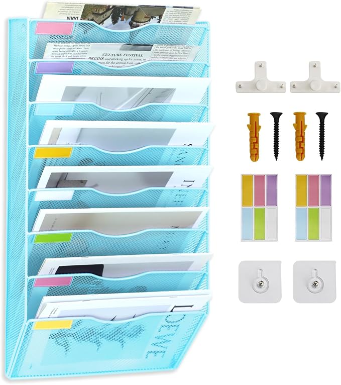 8 Pockets Mesh Wall File Holder Organizer Office Hanging File Folder Magazine Rack, Nametag Label Hooks Set Included (Blue) by ideallife