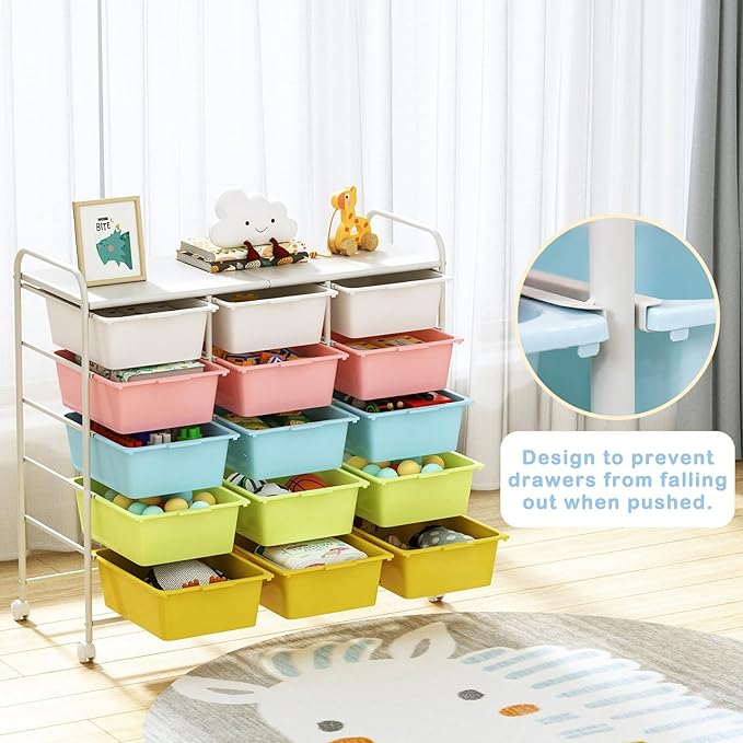Ytaoka 15 Drawers Rolling Cart With Wheels, Plastic Storage Drawer With Metal Frame, Multipurpose Art Craft Organizer, Utility Cart for Home, Office, School, Multicolor - Image 4