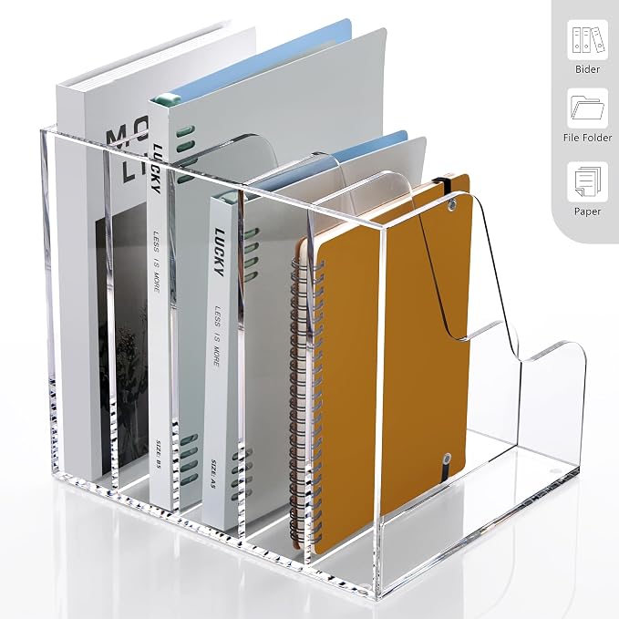 SANRUI Acrylic Desk Organizers, Clear Magazine File Holder, 5 Vertical Compartments A4 Folder Binder Holders Sorter, Office Desktop Workspace Organization Storage Rack for Office Home School - Image 4