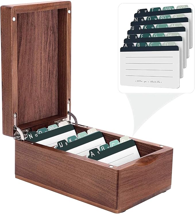 MaxGear Walnut Wood Business Card Organizer for 2.2" x 3.5" Cards | Business Card Holder for Desk, Index Cards Box Holds 300 Cards, Includes A-Z Tabs, Desktop Organizers for Office, Home by MaxGear