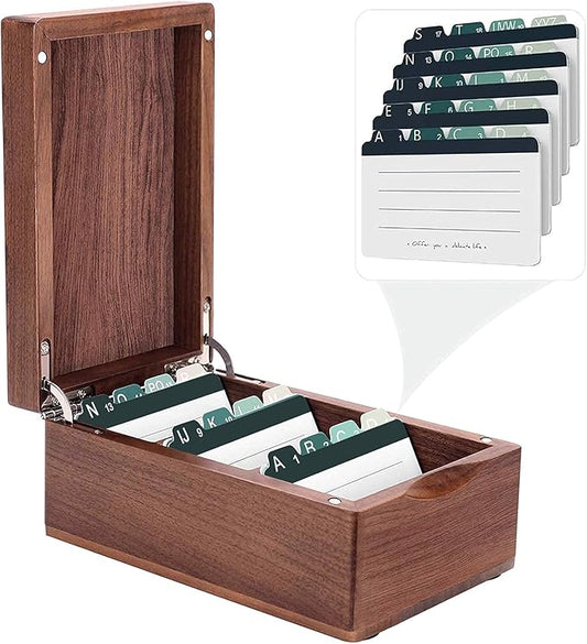 MaxGear Walnut Wood Business Card Organizer for 2.2" x 3.5" Cards | Business Card Holder for Desk, Index Cards Box Holds 300 Cards, Includes A-Z Tabs, Desktop Organizers for Office, Home by MaxGear