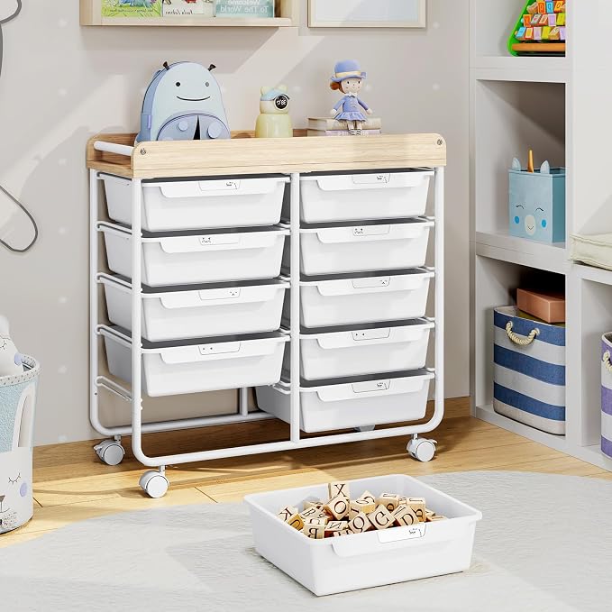 10 Drawers Rolling Cart with Wooden Tabletop, Utility Storage Cart with Wheels, Art Supply Craft Organizer on Wheel with Metal Frame & Handles for Home Office School (Pure White) - Image 2