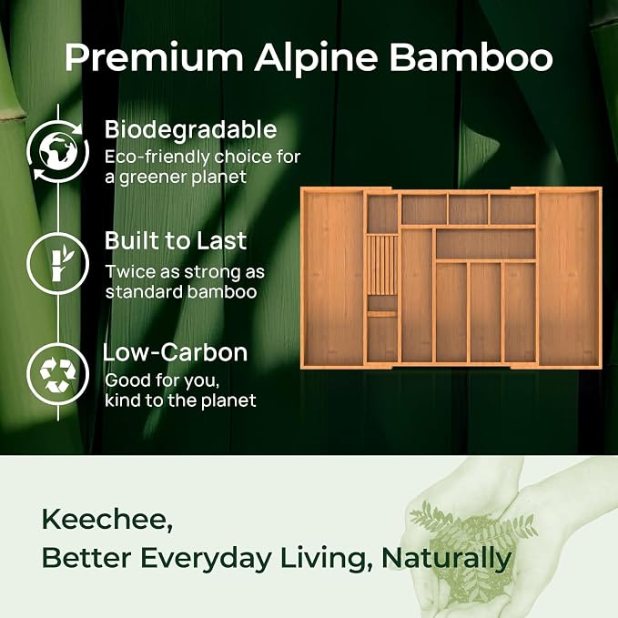 keechee Carbonized Large Bamboo Kitchen Drawer Organizer, 12 Slots Expandable Silverware Organizer, Utensil Holder & Cutlery Tray, 2.5" Deep for Extra Capacity, Non-Slip Feet Included - Image 7