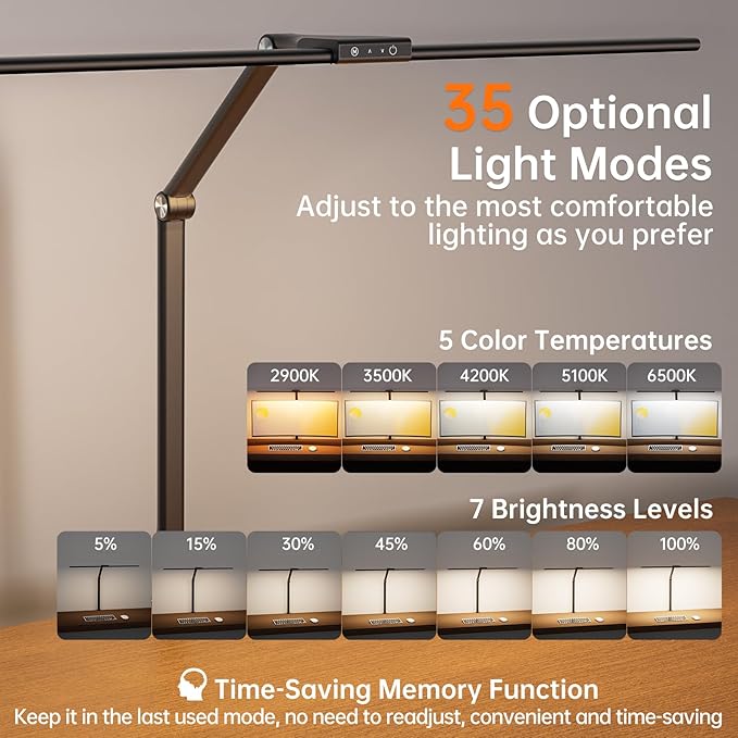 LED Desk Lamp for Home Office, 24W Eye-Caring Reading Light with Clamp, USB Charging Port, 7 Brightness 5 Color Mode, Memory Function, Auto-Off Timer, Swing Arm Architect Table Lamp for Study