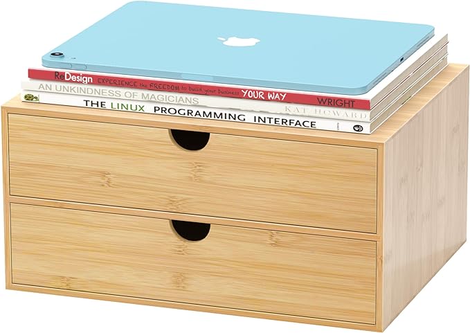 Bamboo Desk Drawer Organizer, Large Desktop Organizer with Drawers Tabletop Storage Organization Box for Office Home Toiletries Supplies Vanity, No Assembly Required (2 Drawer) by Wisuce