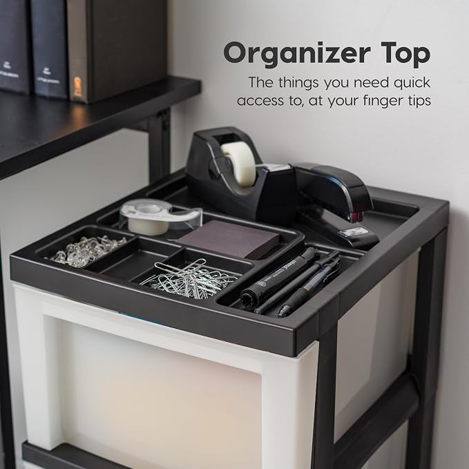 IRIS USA 3-Drawer Rolling Storage Cart, Black/Pearl | Keep craft supplies, office essentials, classroom items, and accessories organized with easy-access drawers for daily use - Image 6