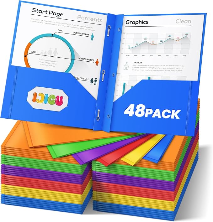 IJIGU 48 Packs 2 Pocket Folders with 3 Prongs Fastener Clasps, Bulk Heavy Duty Plastic Folders, Multicolor Files Folders in 6 Colors for School and Office by WelcomeToIJIGU