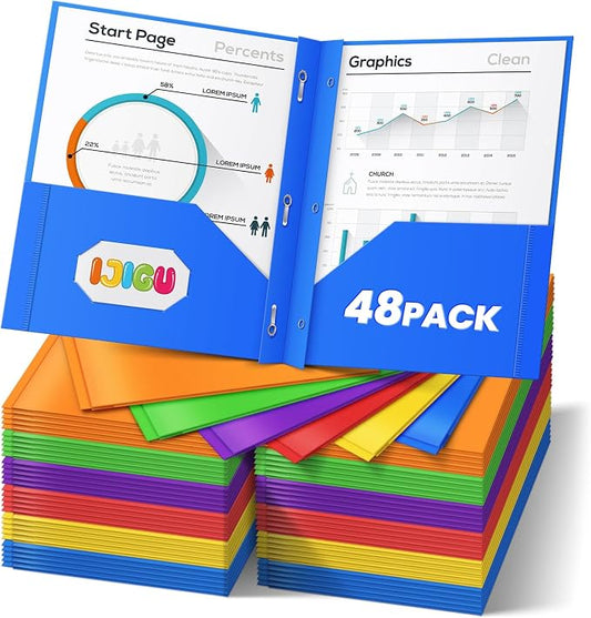 IJIGU 48 Packs 2 Pocket Folders with 3 Prongs Fastener Clasps, Bulk Heavy Duty Plastic Folders, Multicolor Files Folders in 6 Colors for School and Office by WelcomeToIJIGU