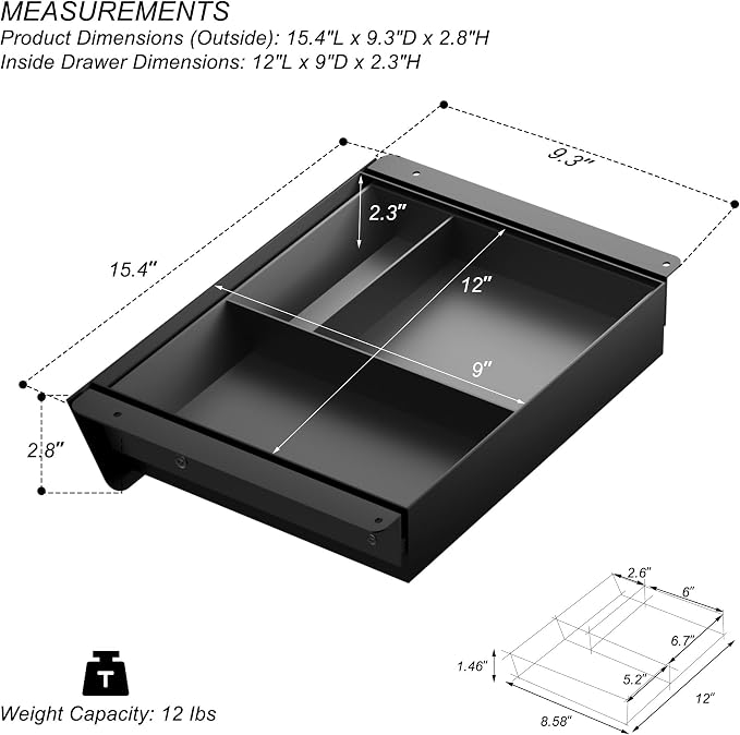 Under Desk Drawer with Removable Tray, 15.4" Wide 2-in-1 Organizer – 60° Ergonomic Tilt, 4-Compartment Insert for Pens, Phones & Cables, Ball Bearing Slides, for Home Office & Student Desk - Image 2