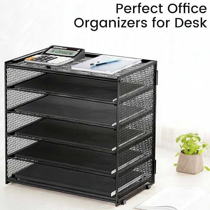 6 Trays Paper Organizer with Handle - Mesh Desk File/Letter Paper Sorter Organizer for Office, Home or School (Black with Closed top) - Image 5