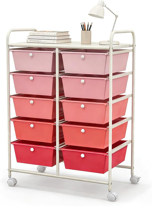 COSTWAY 10 Drawer Rolling Storage Cart, Utility Cart with Lockable Wheels | Mobile Art Supply Craft Organizer with Metal Frame, Multipurpose Drawer Cart for Paper for Office, School, Mixed Pink by COSTWAY