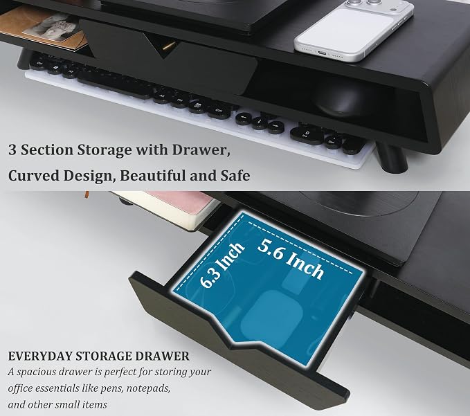 Homerays Monitor Stand with Drawer, Exquisite Computer Monitor Stand for Desk, Ergonomic Wood Monitor Stand Riser for Computer,Laptop,Printer,TV,Bamboo,Black - Image 5