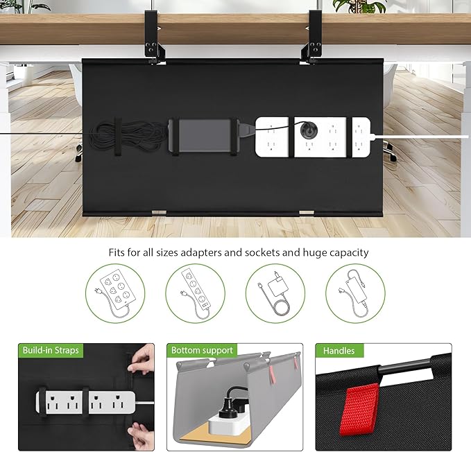 KEEGH No Drill Fabric Under Desk Cable Management Tray 28 in,Black | Clamp/Screw Mount, Supports Up to 70lbs, Fabric Wire Management Gaming/PC Cable Raceways, Cord Hiders for Office/Home - Image 2