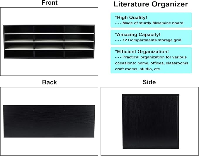 Mail Sorter, Wood Countertop Literature Organizer, Student Mailbox for Classroom, Desktop Bill Paper Organizer for Office Home School, 12 Compartments, Black & White - Image 6