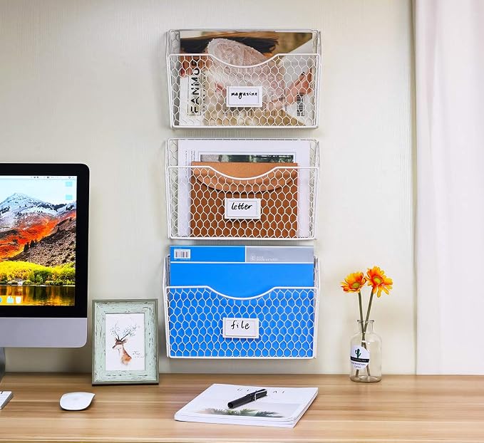 3 Pockets Hanging File Holder Wall Mount Mail Organizer Metal Chicken Wire Magazine Rack with Tag Slot, White - Image 6