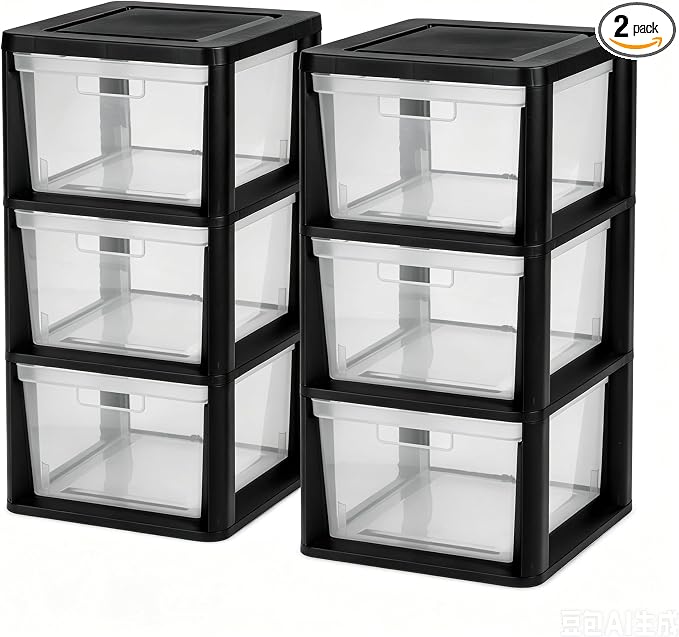 2 Pcs Plastic Drawer Wide Tower Plastic Storage Cart with Clear Pull Out Drawers, Black (Black, 3 Drawer Wide Tower) by Unknown