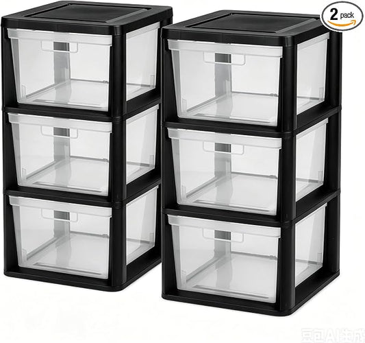 2 Pcs Plastic Drawer Wide Tower Plastic Storage Cart with Clear Pull Out Drawers, Black (Black, 3 Drawer Wide Tower) by Unknown