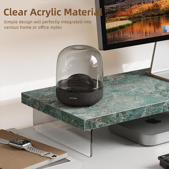 Dual Monitor Stand Riser, 40x10 in Wood & Acrylic Desktop Organizer Shelf | Computer Monitor Stand Riser With Wood & Acrylic Design; Fits 2 Monitors, Laptop, Printer And Desk Supplies For Office Use. - Image 2