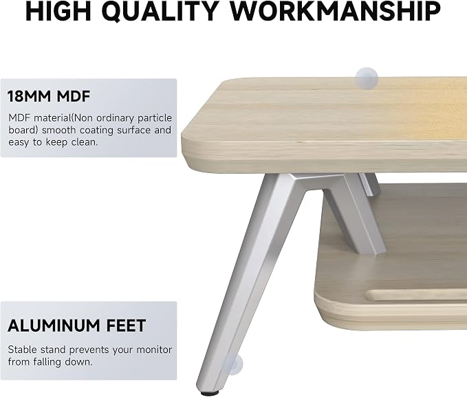Fenge Dual Monitor Stand Riser, Wooden Desk Shelf with 2-Tier Storage | 42.5-Inch Wide, Sturdy Aluminum Legs, Built-In Phone & Tablet Slot, Desktop Organizer for Office Accessories - Image 4