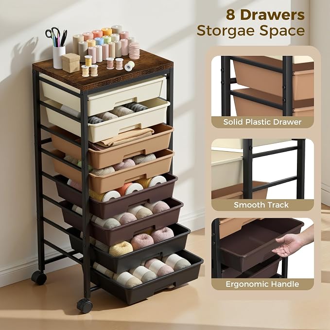 Rolling Cart with 8 Drawers, Plastic Drawer Storage Carts with Wheels & Wooden Tabletop, Metal Utility Cart Organizer for Bedroom Living Room Office Classroom Craft Organization and Storage, Brown - Image 4