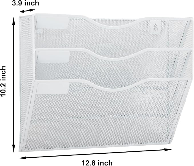 3 Pocket Mesh Hanging Wall File Organizer, Wall Mounted Mail Paper Document Folder Holder, Clipboard Storage Organization Magazine Rack with Nametag Label for Office Home School, White - Image 2