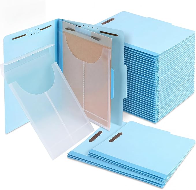 Tinlade 20 Pcs Classification Folder Set Includes 10 Blue Classification Folders with 1 Divider 2" Expansion and 10 Clear Poly File Jackets Letter Size 2 Prong Fasteners for Law Client Medical Files by Tinlade