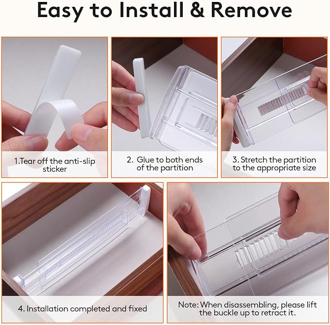 8 Pack Drawer Dividers, 3.2" High Expandable from 11.2-20" Adjustable Drawer Organisers,Clear Plastic Drawers Separators for Clothing, Kitchen Utensils and Office Storage - Image 5