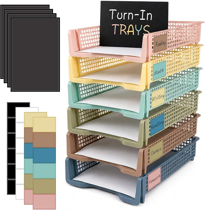 Set of 6 Boho Turn in Trays with Label Stickers for Teachers Stackable Classroom Paper Letter Trays Plastic Classroom Desk Letter Organizer Tray Storage Baskets for Library, Drawers, Office, Home by CHUNNIN