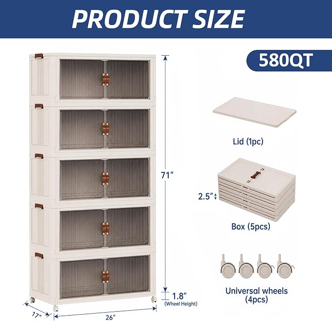 SAILUN 580Qt Stackable Storage Bins,Storage Cabinet a Lid,5Pack Blush White | Stackable Storage Drawers with Lids,26" W x 17" D x 71" H,Featuring open-front Access for Closet Storage - Image 5