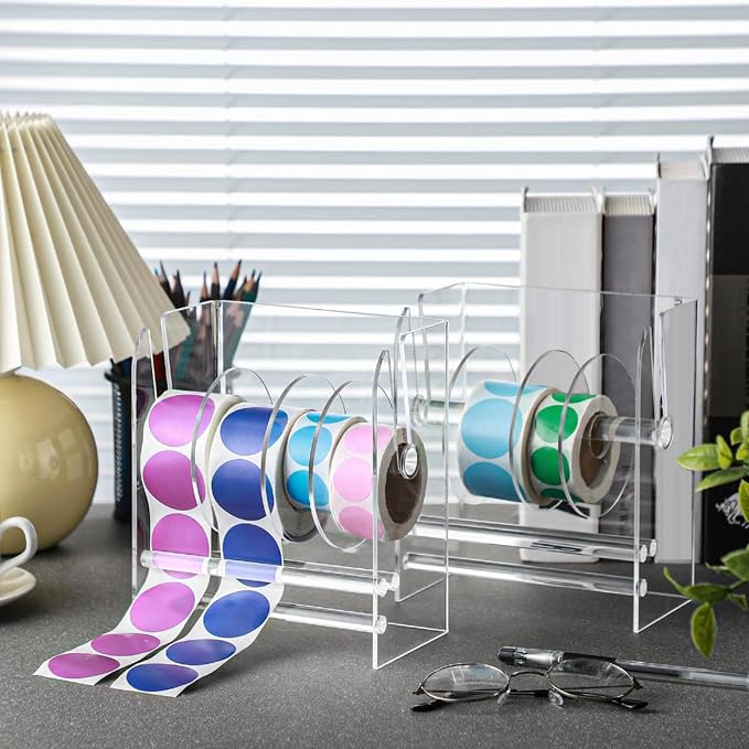 Qilery Adjustable Label Dispenser Acrylic Roll Sticker Dispenser Sticker Holder Organizer Label Stand for Holding Office Home Journal Business Use(4 Disks) - Image 3