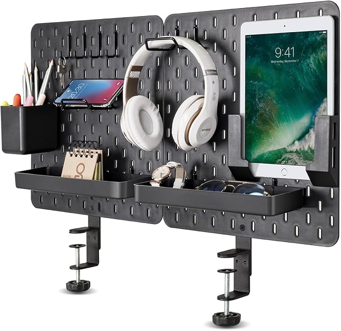 EHO Clamp-On Desk Pegboard, 2Pack (Combined Size 27 x 14 inch) Privacy Divider, Desk Partition Panel, No-Drill Desk Mounted Peg Board Organizer for Office, Gaming, Home, Black by EHOPrime