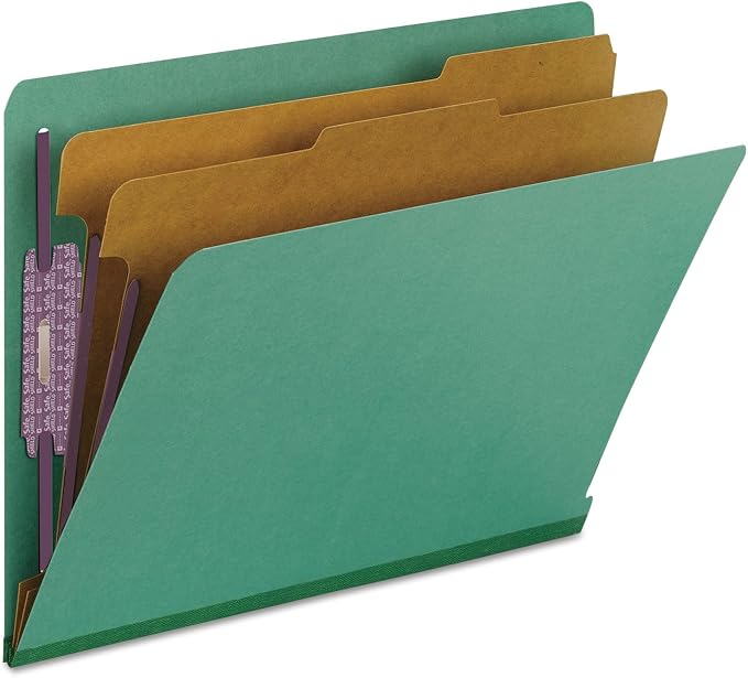 Smead 100% Recycled End Tab Pressboard Classification File Folder with SafeSHIELD Fasteners, 2 Dividers, 2" Expansion, Letter Size, Green, 10 per Box (26785) - Image 6