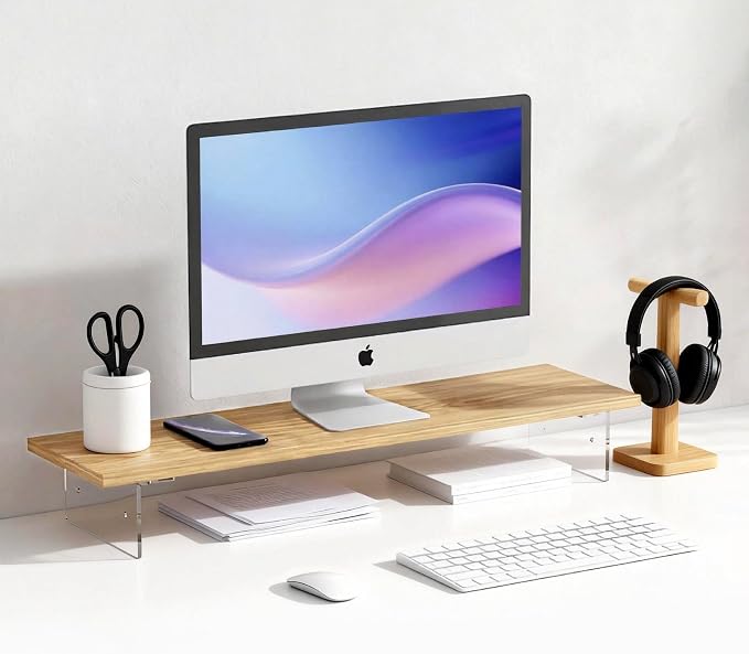 Wood Monitor Stand Riser with Acrylic Legs, Computer Screen Stand Desk Organizer, 31.5 x 7.9 x 3.1 inch, Hold up to 66 lbs (Natural, 31.5"×7.9"×3.1") by Unknown
