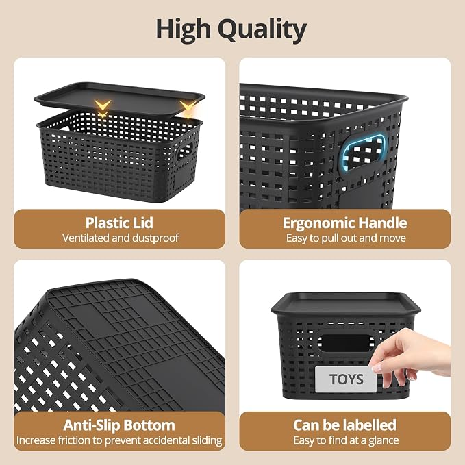 Plastic Storage Basket with Lid, Stackable Small Box Bins for Organizing and Containers for Shelves Drawers Desktop Closet Playroom Pantry Classroom Office Home, 8 Pack 10.2x7.2x4.1 Inch, Black - Image 3