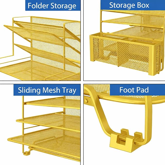 Simple Trending 7 Tier Desk File Organizer, Letter Tray Paper Organizer with Pen Holder and Metal Hanging Basket, Gold - Image 4