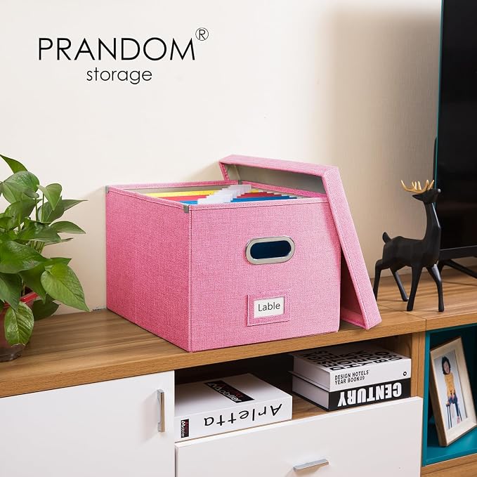 File Organizer Box - Set of 4 Collapsible Decorative Linen Filing Storage Hanging File Folders with Lids Office Cabinet Letter/Legal Size Pink 17.1x14x11.1 inch - Image 2