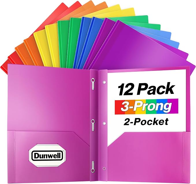 Dunwell Plastic 2-Pocket Folders with 3 Prongs, Assorted, 12 Pack | Tear-Resistant Acid-Free Poly, 3-Clasp Folders with Fasteners, Labels Included by Dunwell