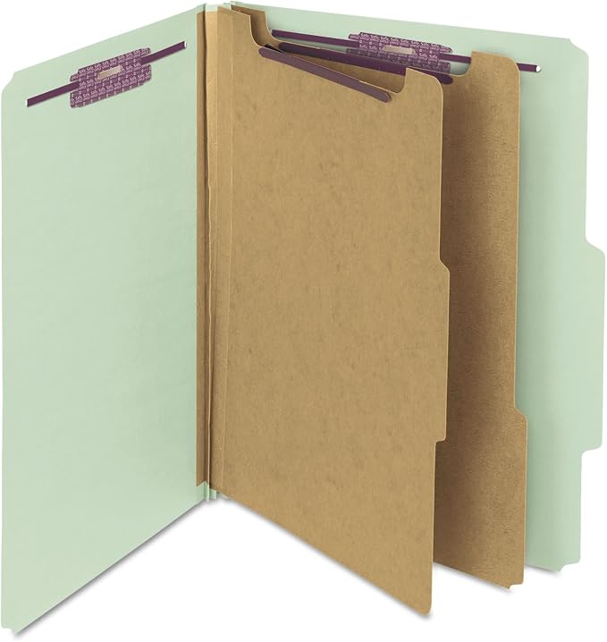 Smead Pressboard Classification File Folder with SafeSHIELD Fasteners, 2 Dividers, 2" Expansion, Letter Size, Gray/Green, 10 per Box (14076) - Image 2