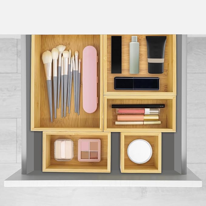 VaeFae 5 PCS Bamboo Drawer Organizers Set, 5-size Organizer Box, Storage Bins for Kitchen, Bathroom, Office, Bedroom and Living Room - Image 6