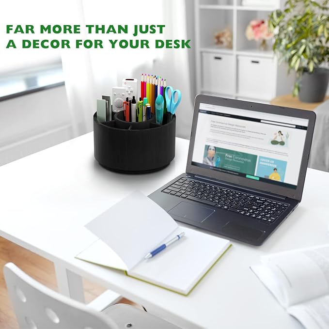 Bamboo Rotating Pencil Holder for Desk, Desk Organizer with 7 Compartments | Office Supplies Desktop Storage Caddy for Colored Pencils, Markers, Crayon, Comestics and Cutlery(Black ) - Image 7
