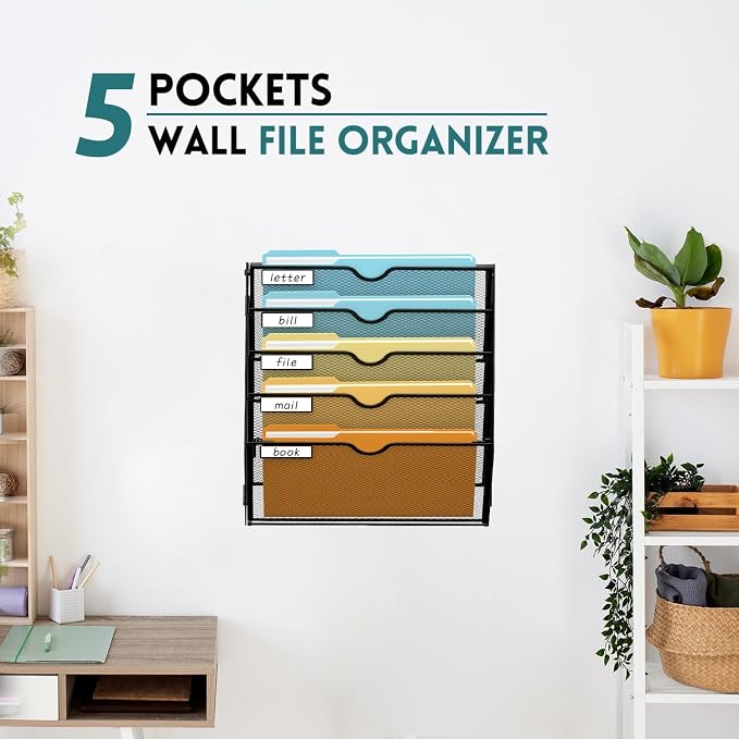 5 Tier Wall File Organizer, Hanging Wall Mounted Mail Organizer with Label Slots, Metal Mesh File Holder Magazine Rack for Office, Home, School or Classroom, Black, 2Pack - Image 2