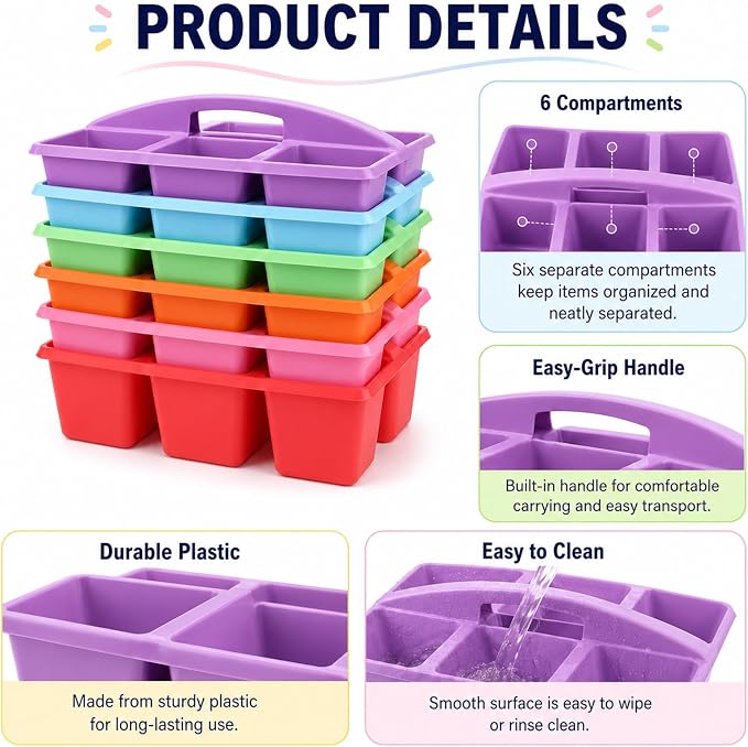 6 Pack Assorted Colors 6 Compartment Classroom Caddy with Handle Portable Plastic Storage Classroom Caddies Organizer for Classrooms Supply Teacher Office Table Desk(Rainbow) - Image 3