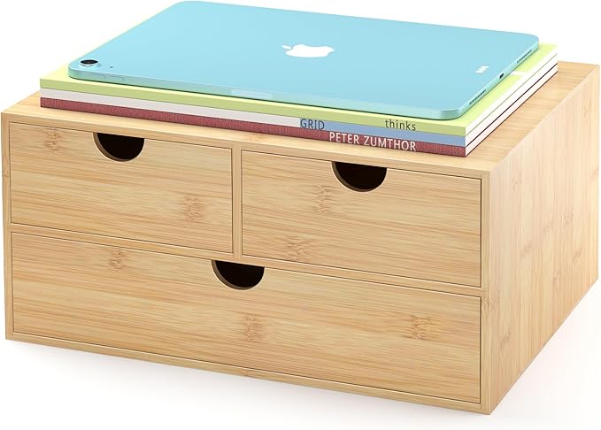 Bamboo Desk Drawer Organizer, Large Desktop Organizer with Drawers Tabletop Storage Organization Box for Office Home Toiletries Supplies Vanity, No Assembly Required (L-3 Drawers) by Wisuce