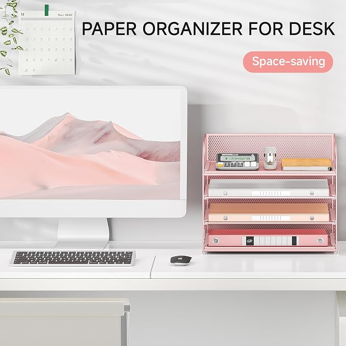 4-Tier Paper Organizer for Desk With Handle, Mesh Desktop File Tray, Office Classroom Organization and Storage - Pink - Image 5