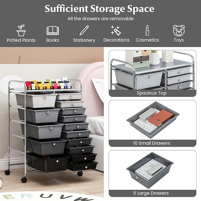 DORTALA 15-Drawer Rolling Storage Cart with Drawers, Rolling Utility Cart w/Removable Drawers & Universal Wheels, Tools Scrapbook Paper Organizer for School, Office, Home, Classroom (Gradient Black) - Image 5