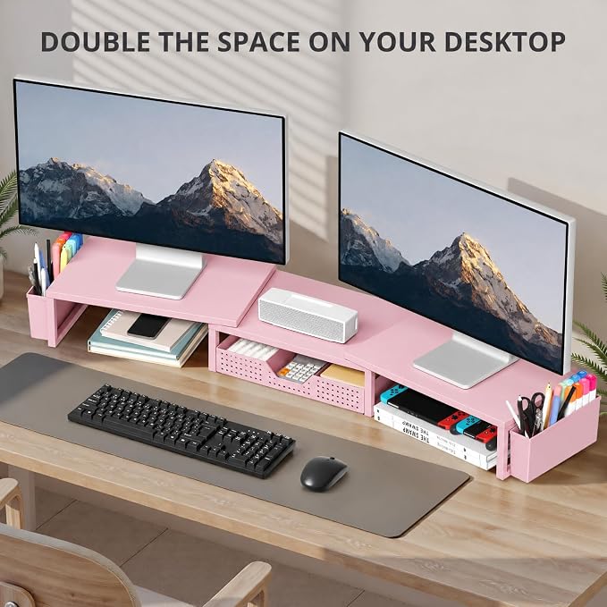 Desk Organizers and Accessories, Dual Monitor Stand Riser with Drawer and 2 Pen Holders, Desk Shelf Computer Racks for Office Workspace Organizers, Desktop Organization (Peach-pink) - Image 5