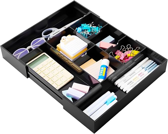 Briwooody Black Acrylic Drawer Organizer Expandable,8 Compartments,Large | 9'' up to 18'' x 12'' x 2.1'' Desk Drawer Organizer Trays Adjustable with Desk Accessories for Makeup Office Bathroom by Briwooody